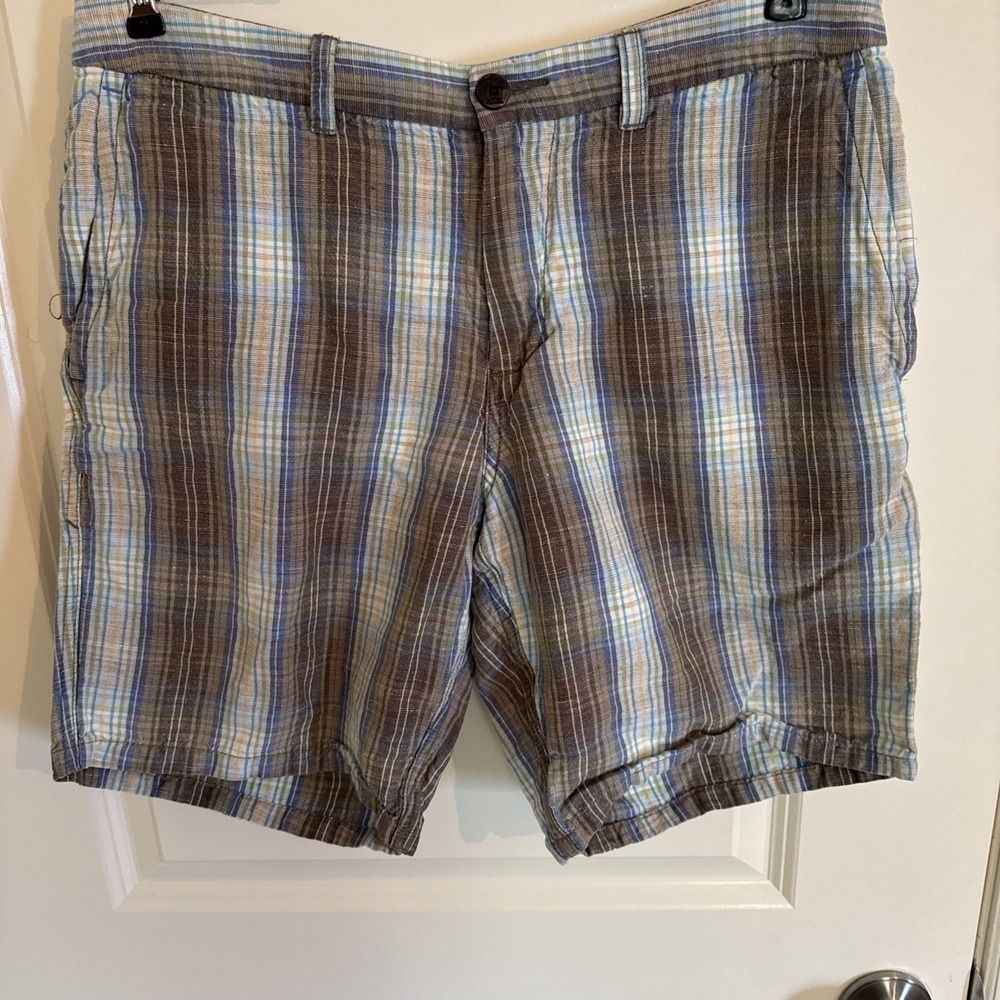 Tommy‎ Bahama Mens Plaid Linen Tencel Shorts Blue Brown Check Size 32